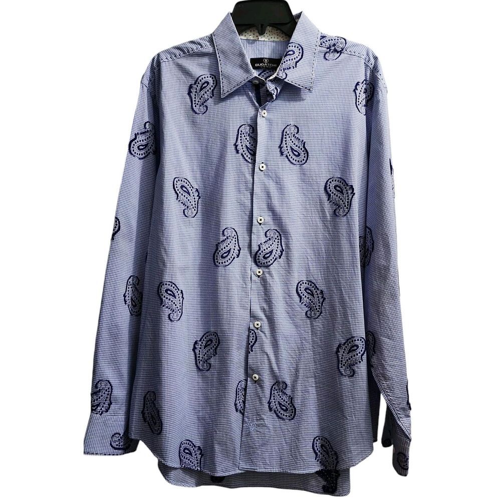 Bugatchi Uomo Mens Size XL Casual Button Down Shirt Paisley Checkered
